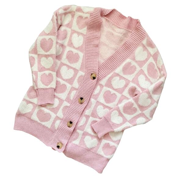 Heart Checkered Fluffy Pink Knit V-Neck Cardigan - Picture 1 of 4